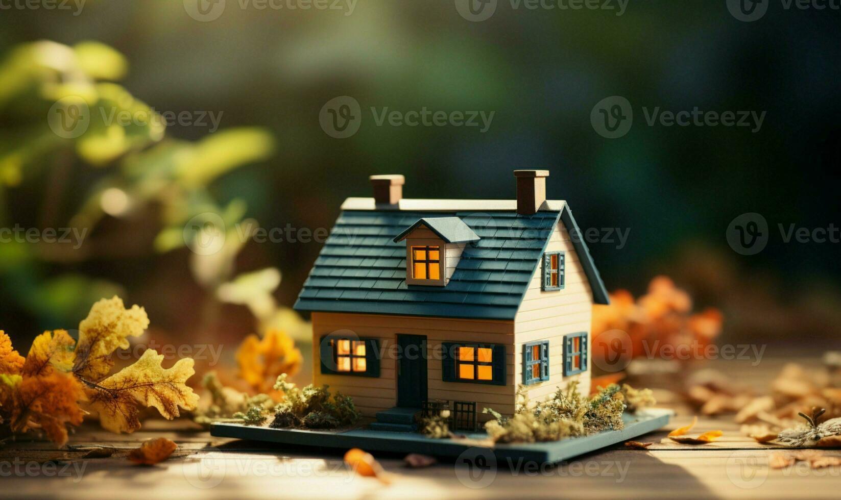 AI generated Little abode Miniature house rests on a quaint wooden table photo