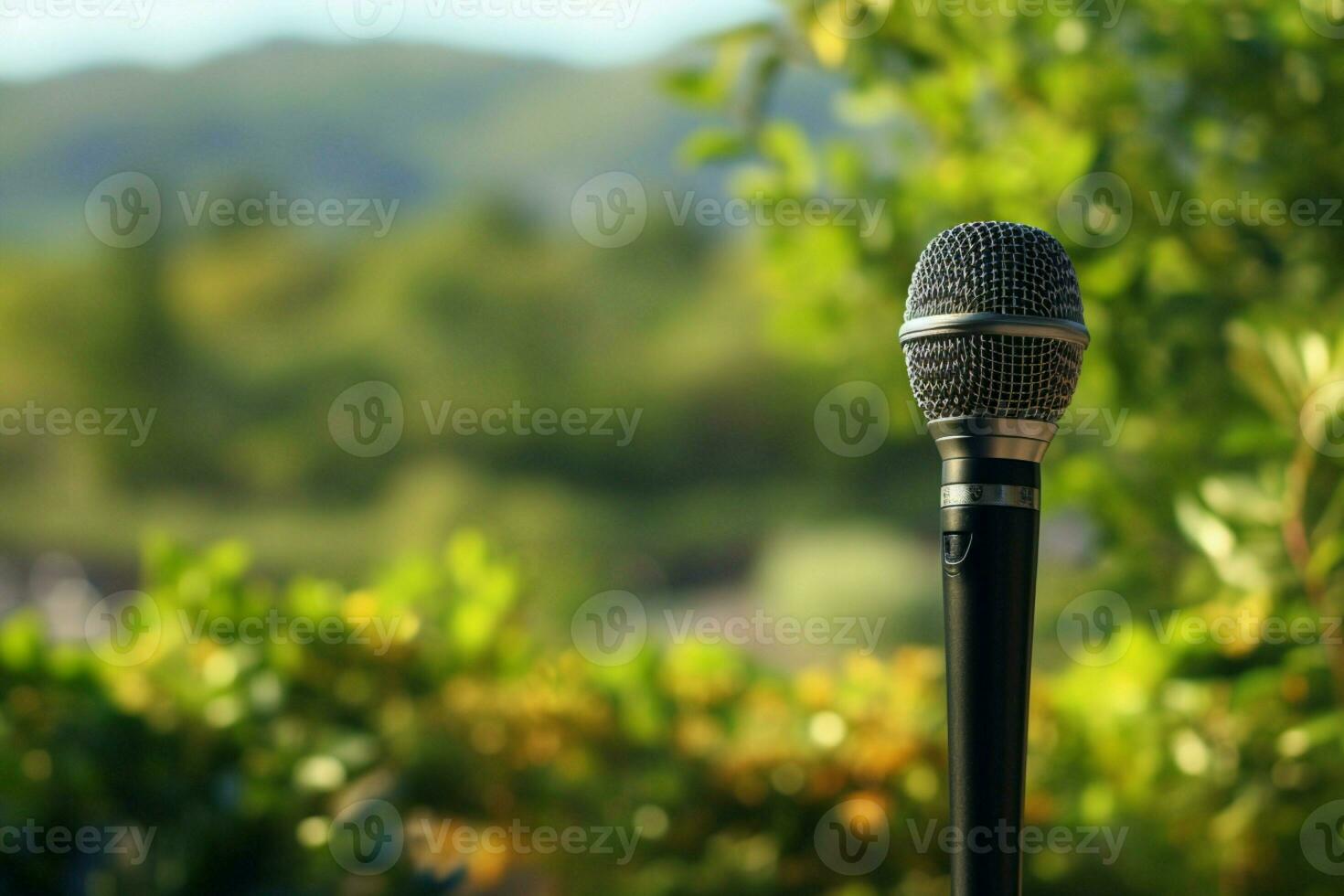 AI generated Outdoor serenade Microphone stands amidst nature, echoing music and awareness photo