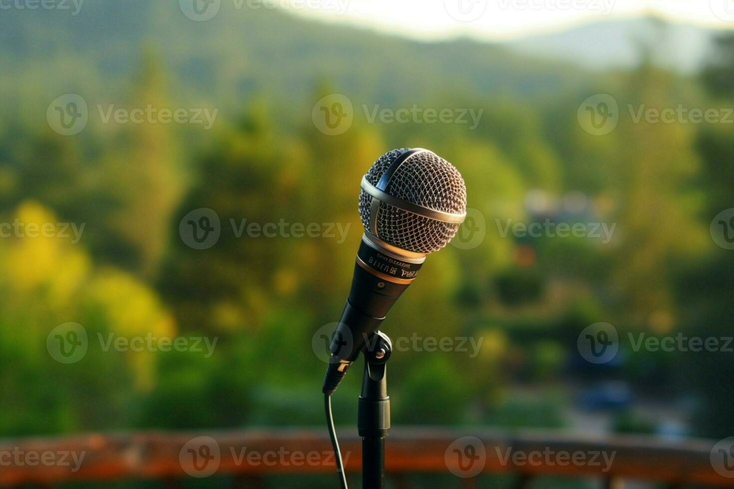 AI generated Open air dialogue Microphone stands in natural setting for music and awareness photo