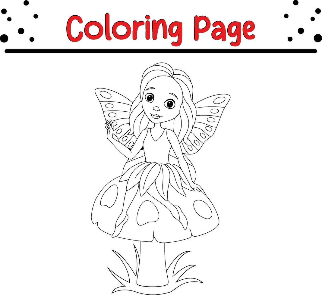 Cute fairy sitting mushroom coloring page vector