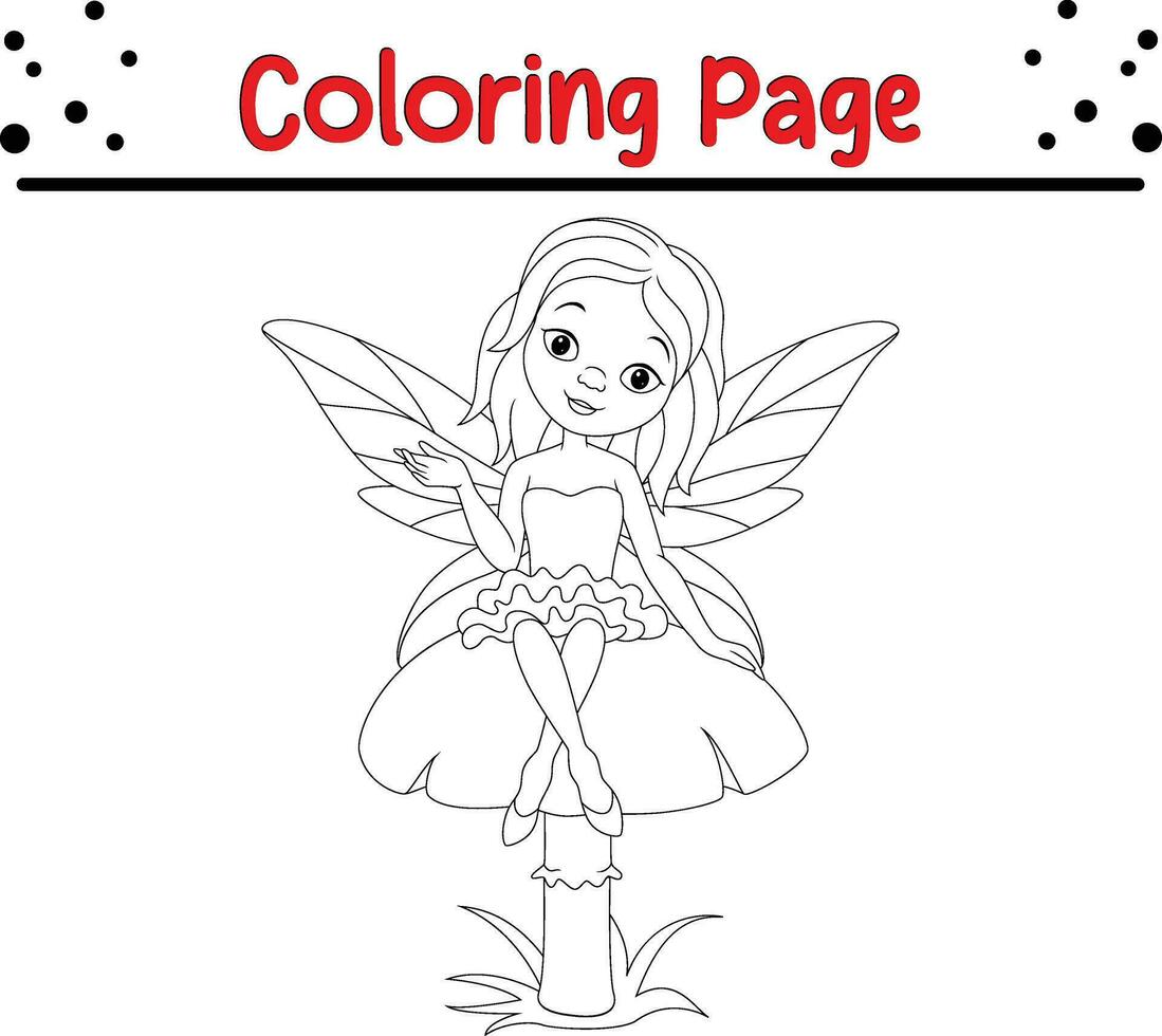 Cute fairy sitting mushroom coloring page vector