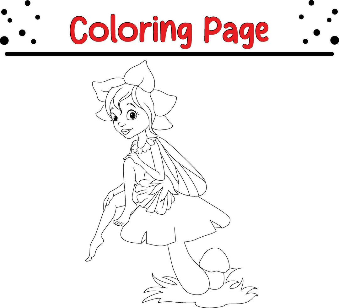 Cute fairy sitting mushroom coloring page vector