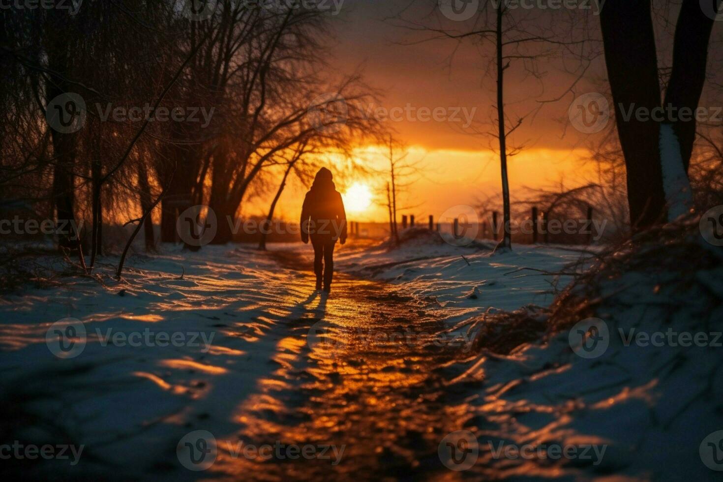 AI generated Sunset wanderer Individual traverses snowy path on winter evening photo