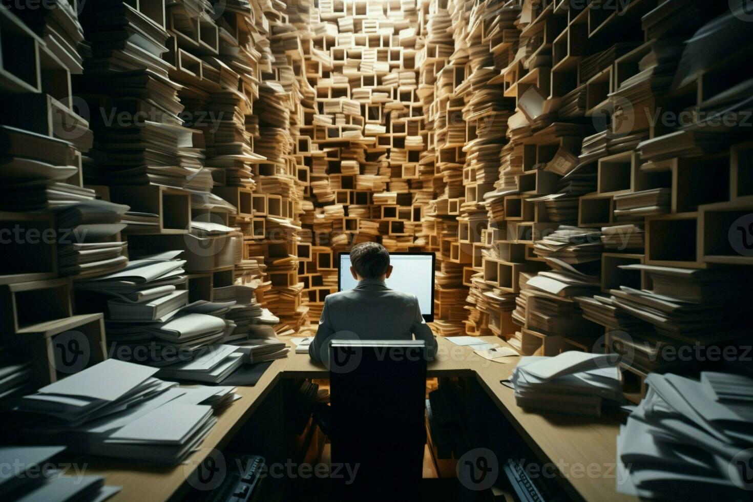 AI generated Paper maze Stressed office worker, juggling tasks amid computer screens photo