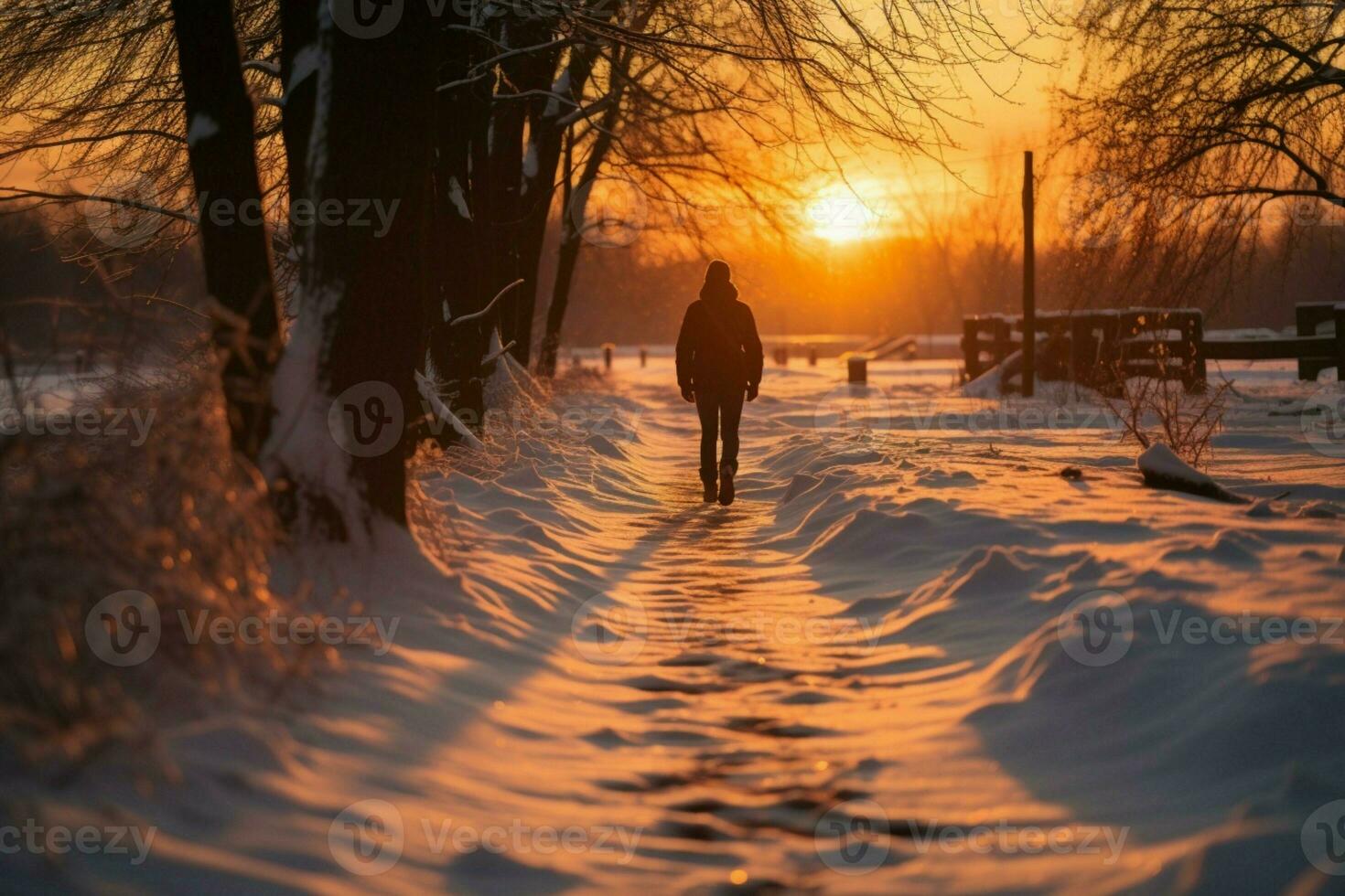 AI generated Winter dusk Individual walks on a snowy road under sunset photo