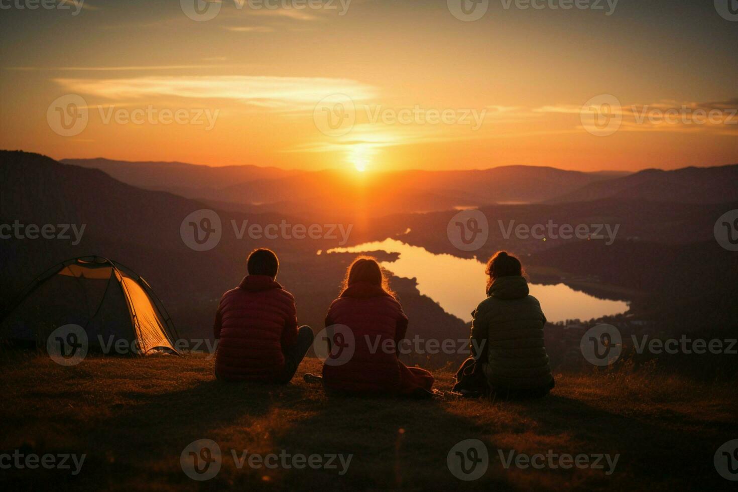 AI generated Sunset bonding Group of friends enjoys mountain view during camping photo