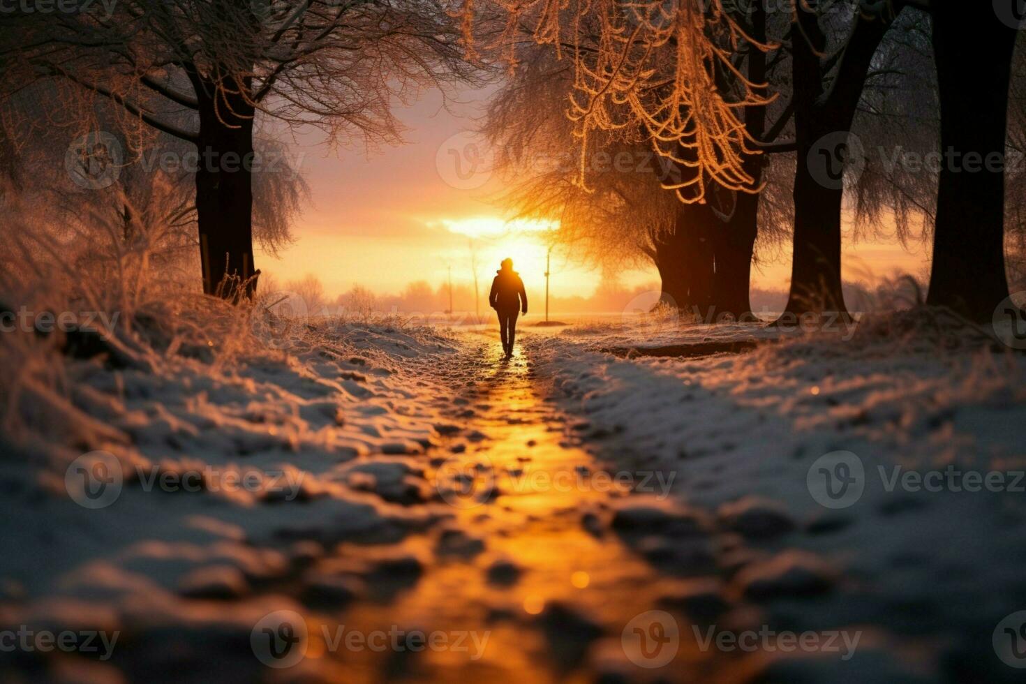 AI generated Winter dusk Individual walks on a snowy road under sunset photo