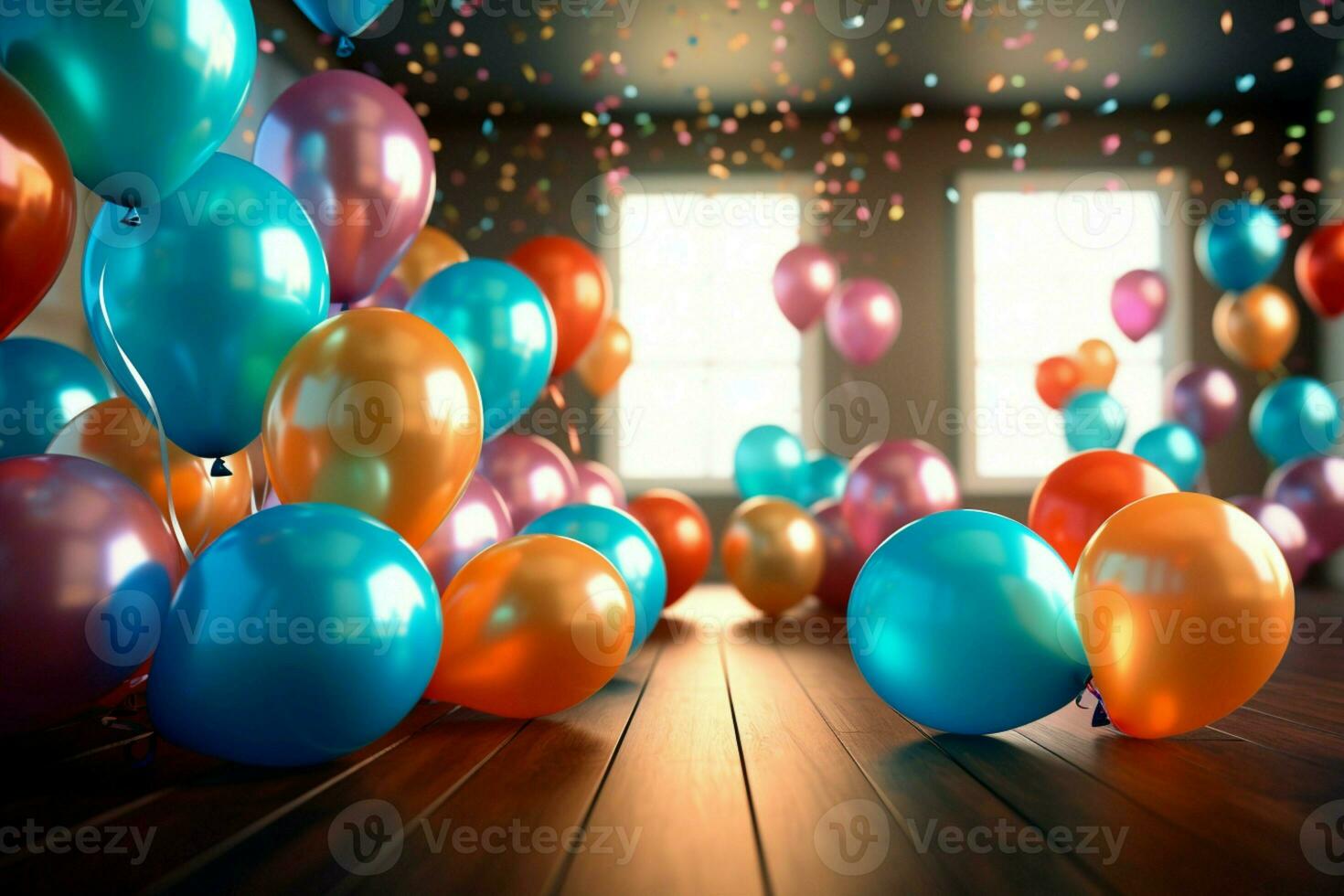 AI generated Birthday jubilation Colorful balloons deck the sides in cheerful celebration photo