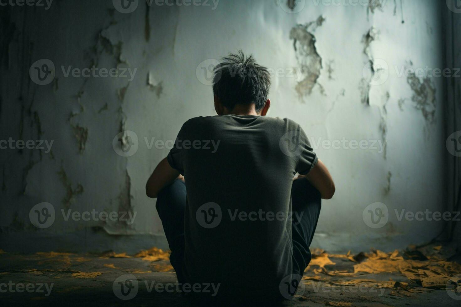 AI generated Depressed soul Man sits, overwhelmed, against the wall, seeking solace photo