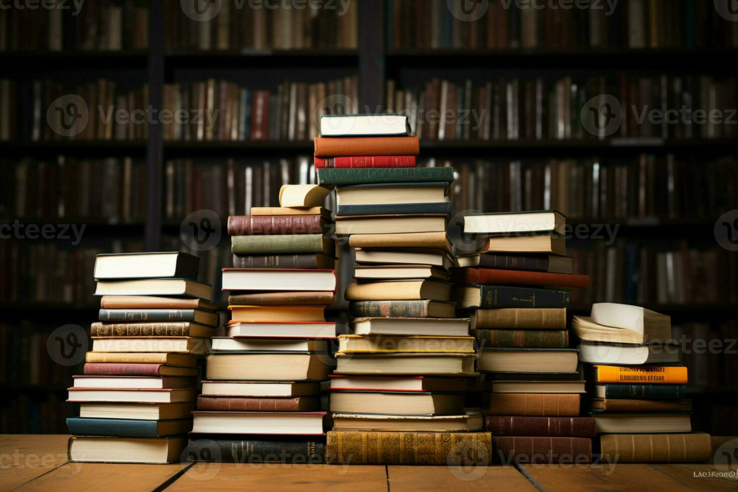 AI generated Knowledge trove Books neatly stacked in the quiet library photo