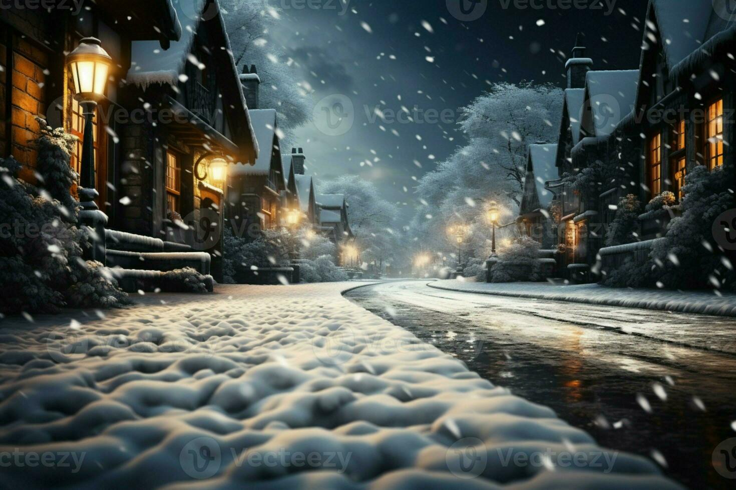 AI generated Soft snowfall blankets a tranquil street, gentle flakes descending gracefully photo