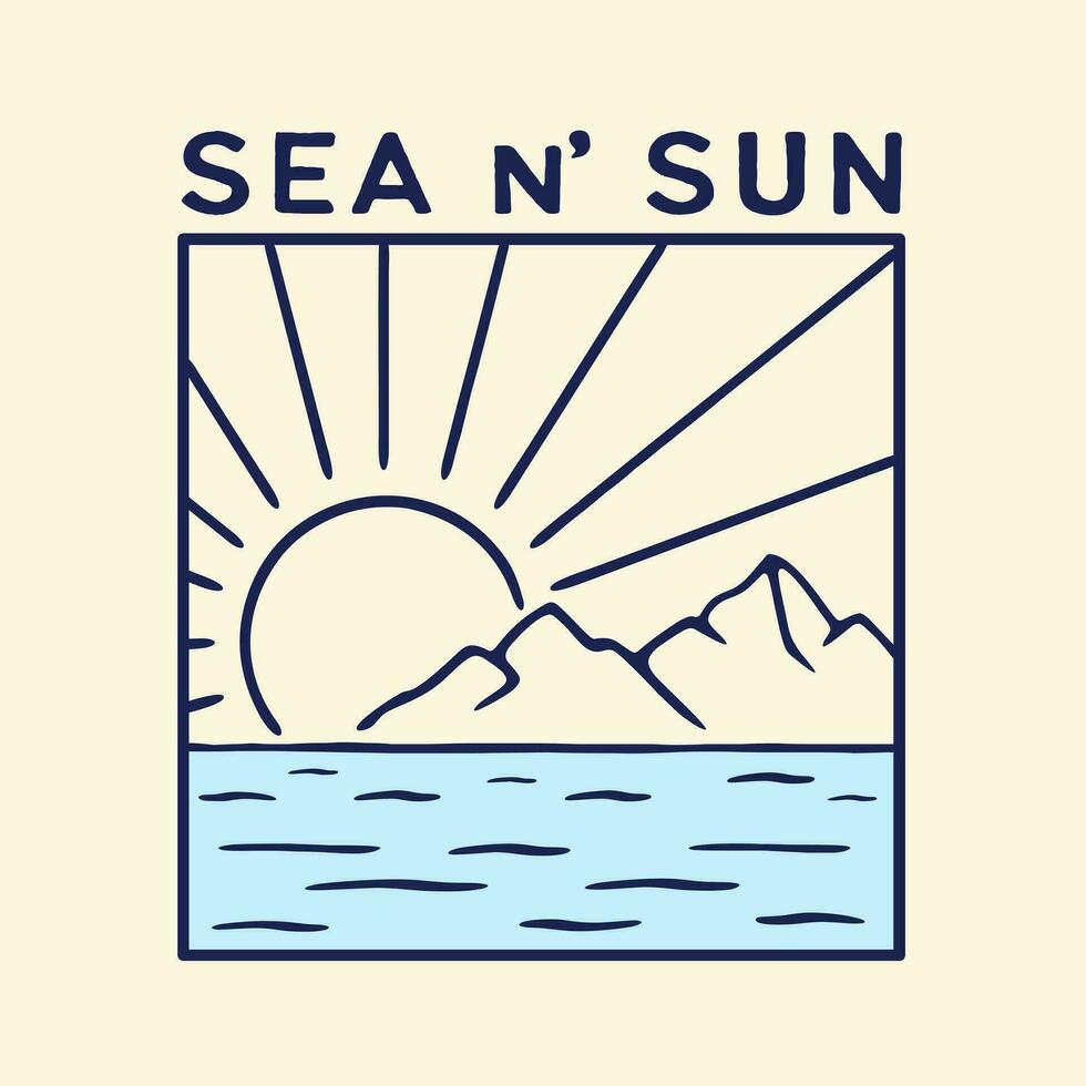 Sea and Sun Vector Illustration for T-Shirt, Poster, with Hand Drawn Line Art Style.