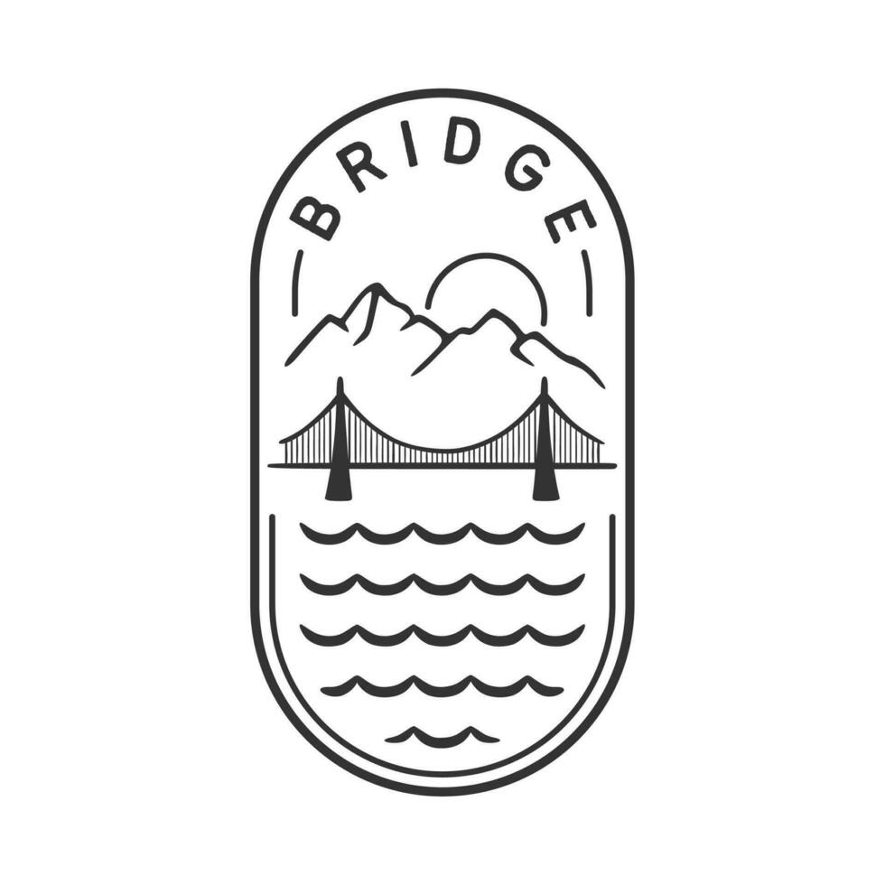 Vector Illustration of Bridge and Mountain with Sunset in Line Art Style for Badge Logo, Icon, Tattoo and other Purpose.