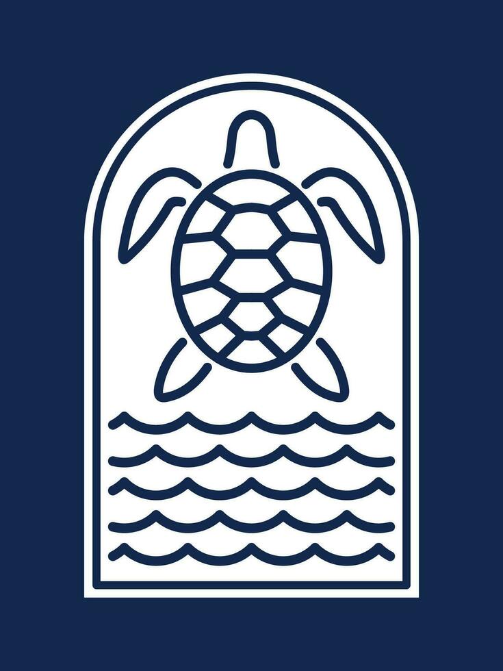 Vector Illustration of Sea Turtle in Line Art Style isolated in Aesthetic Shape for Logo, Emblem, Badge. Surfer Club.