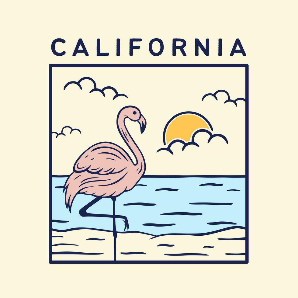 vector illustration california beach, sunset and flamingo bird. Simple hand drawn line art sketch for T-Shirt, poster, logo template.