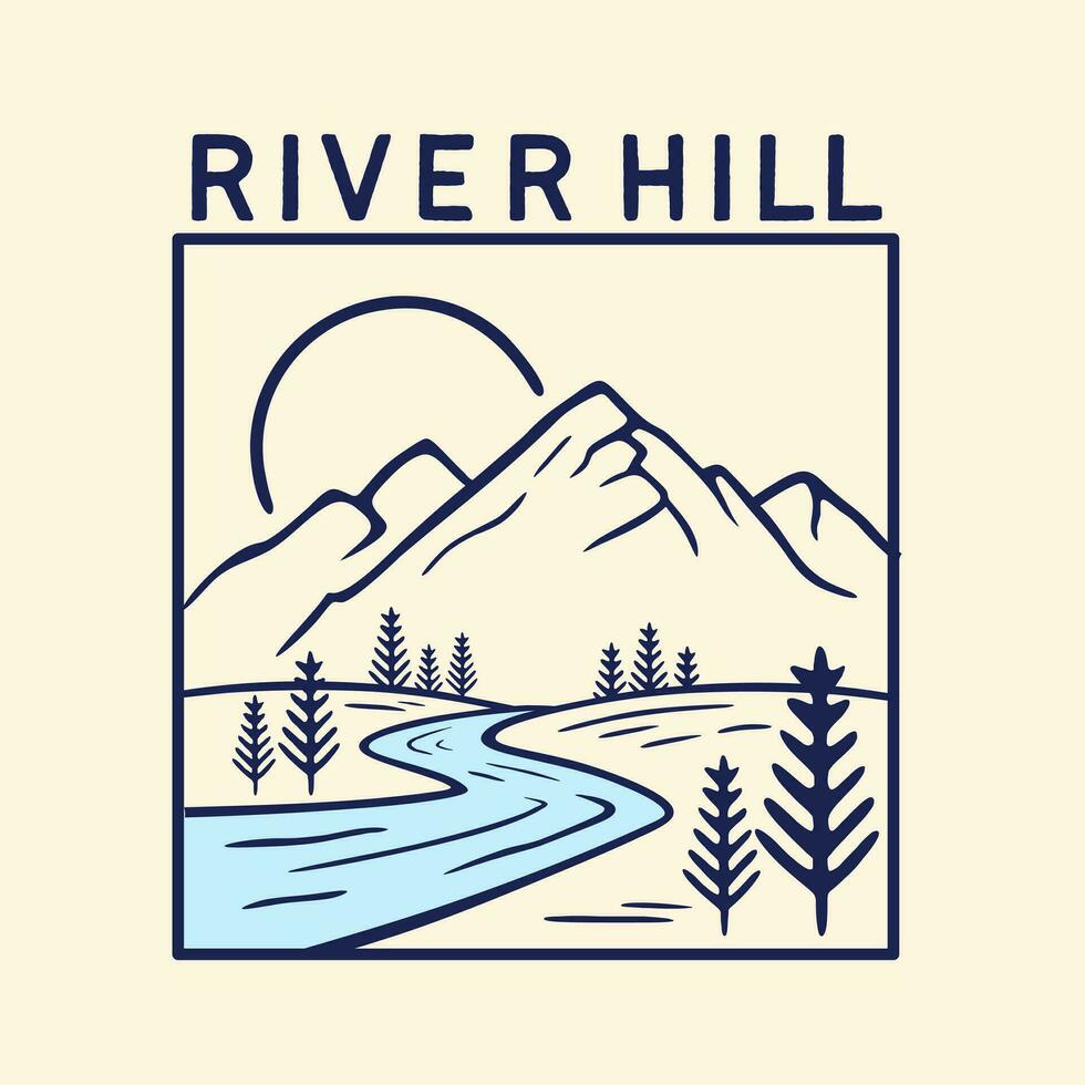 vector illustration stream of river with boulders, mountains and pine trees. Simple hand drawn line art sketch for T-Shirt, poster, logo template.