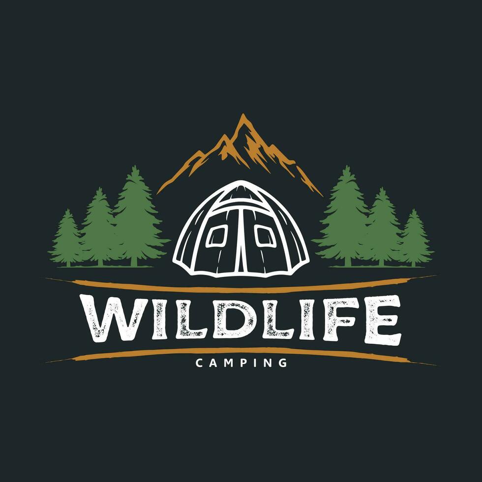 Vector Illustration of Wildlife Camp with Pine Tree and Mountain Isolated in Dark Background. Lifestyle Logo Concept.