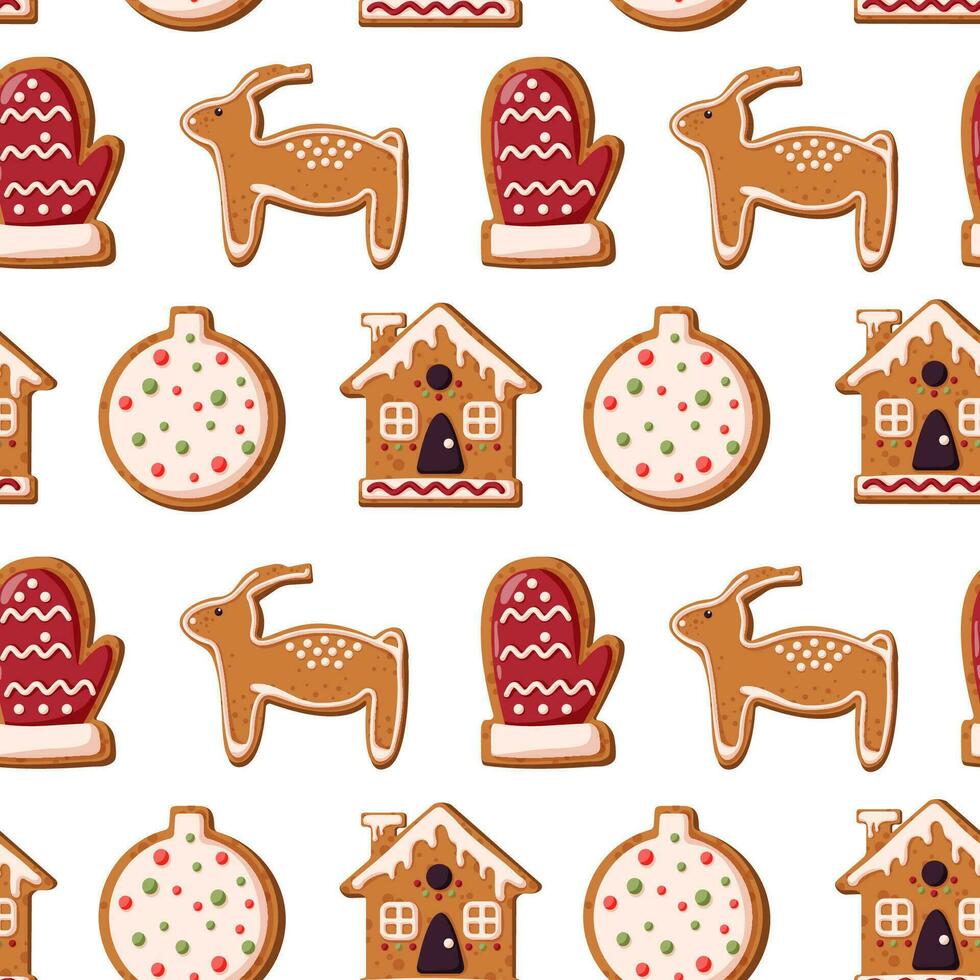 Christmas seamless pattern with gingerbread cookie. Merry Christmas and Happy New Year. Winter homemade sweets. Vector illustration.
