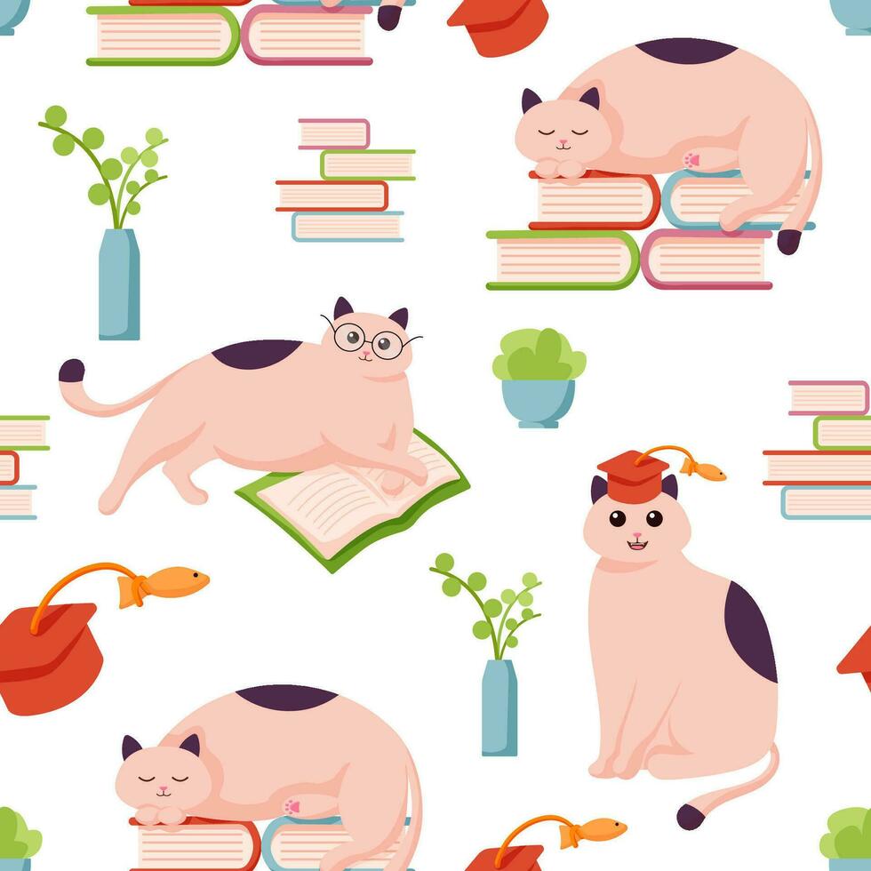 Cat character study flat pattern. Vector seamless pattern with happy cute cats character in glasses. Cartoon art style design of scientist animal cat for web, greeting card, banner.