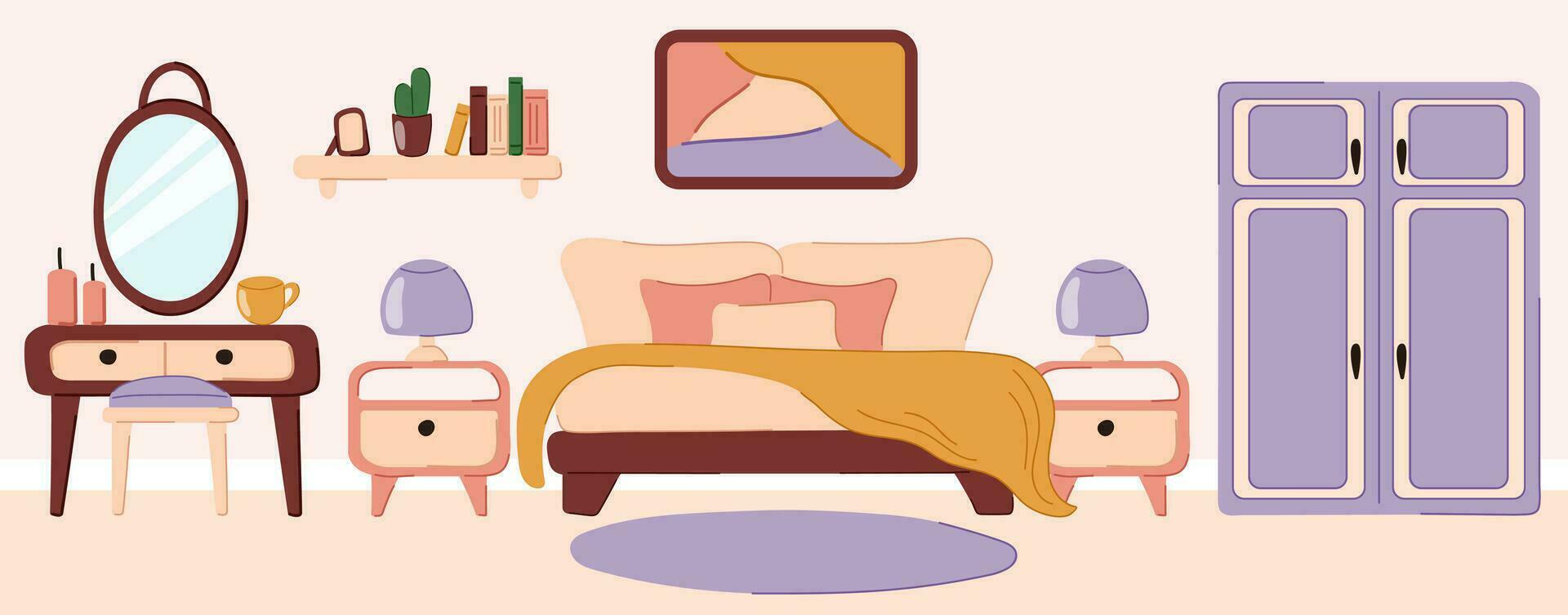 Interior design bedroom with bed, wardrobe, bedside tables, mirror, vase, chandeliers, dressing table. Vector flat, doodle style illustration.