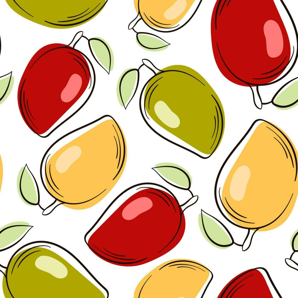 Mango fruit line art with leaves vector background seamless pattern. Vector pattern for textile, print, fabric, wallpaper, background.