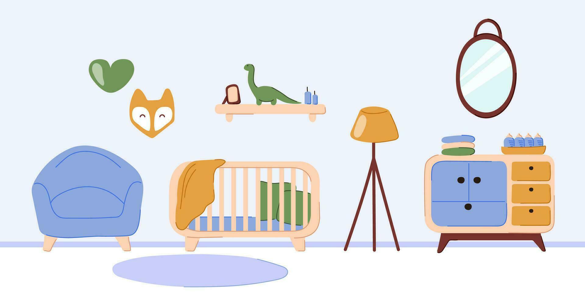 Childrens room for a boy. The concept of the interior of the nursery with cradle and baby toys. Vector illustration in a flat and doodle style.