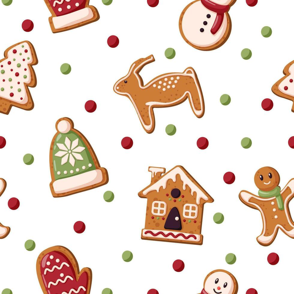 Seamless pattern with icons of gingerbread cookie and candy. Perfect for Christmas Day and New Year packaging, banners, decorations. Vector illustration.