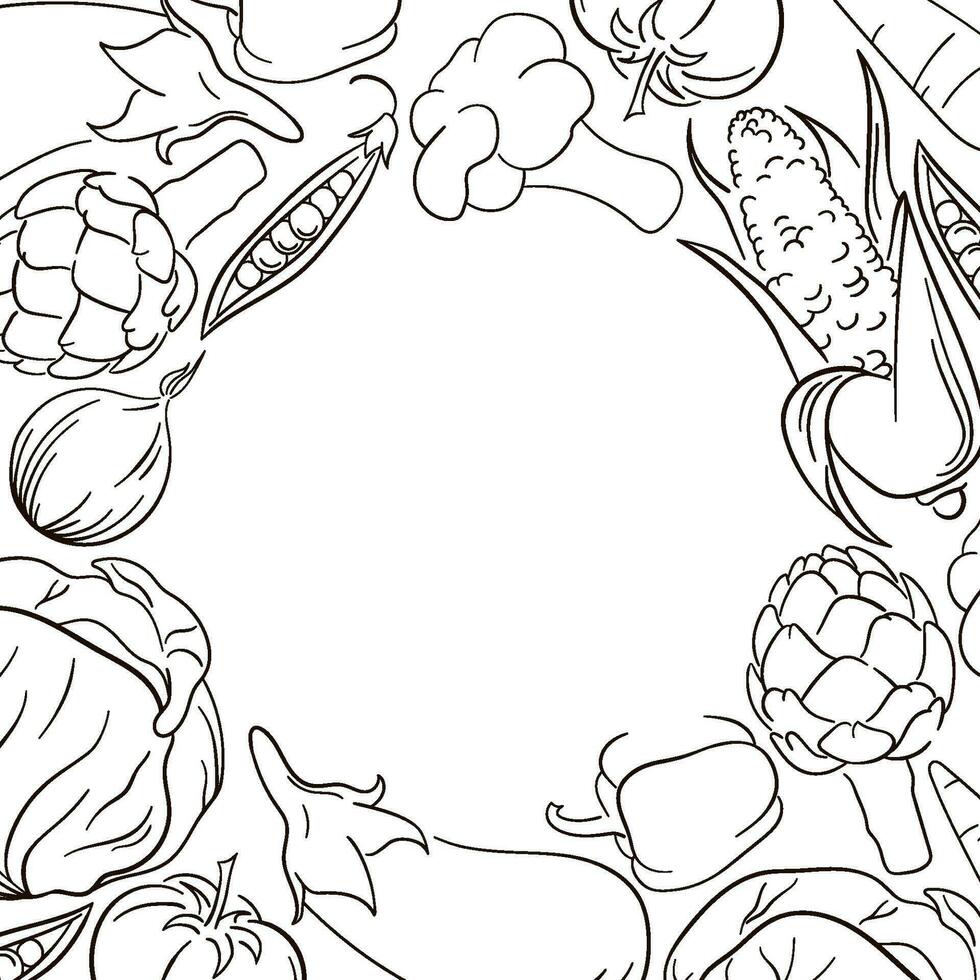 Vegetables frame design. Circle Frame. Frame with organic food line art iilustration. Vegetables on white background. vector
