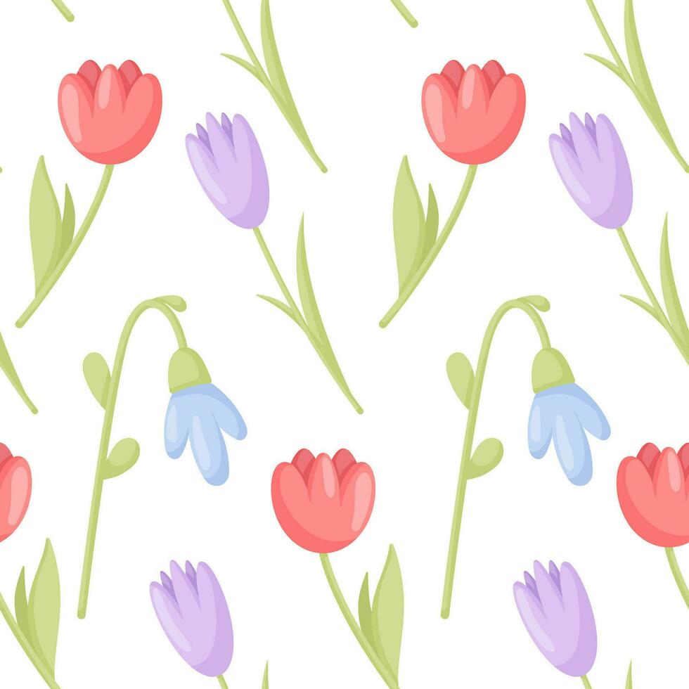 Spring flower pattern. Flower vector seamless pattern. Pattern with tulips and lilies of the valley.