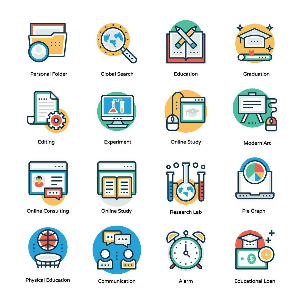 School Education Flat Vector Icons Set