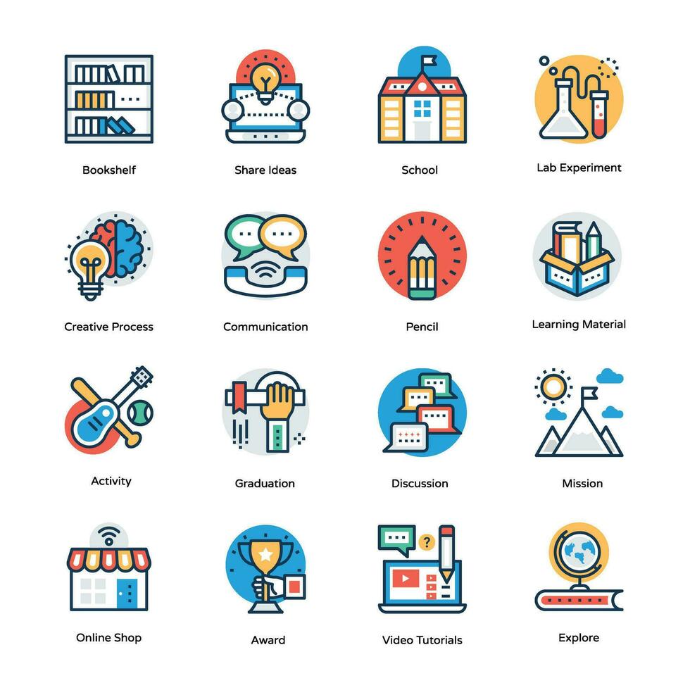 Flat Design Vector Icons of Blended Education