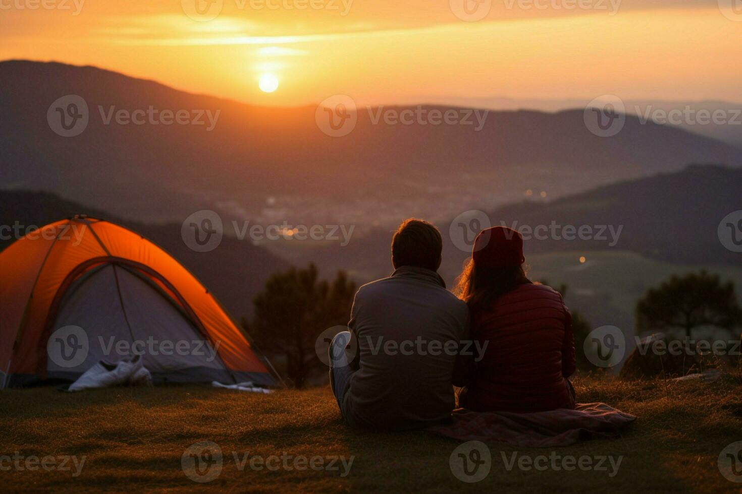 ai generado tienda lado unión Pareja miradas a escénico puesta de sol en montañoso Aléjate foto