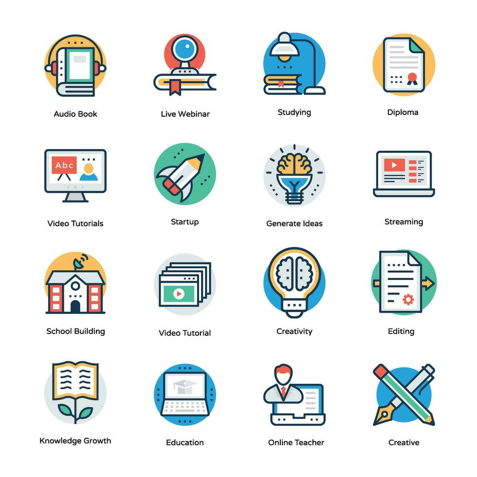 Flat Design Vector Icons of Education and Learning