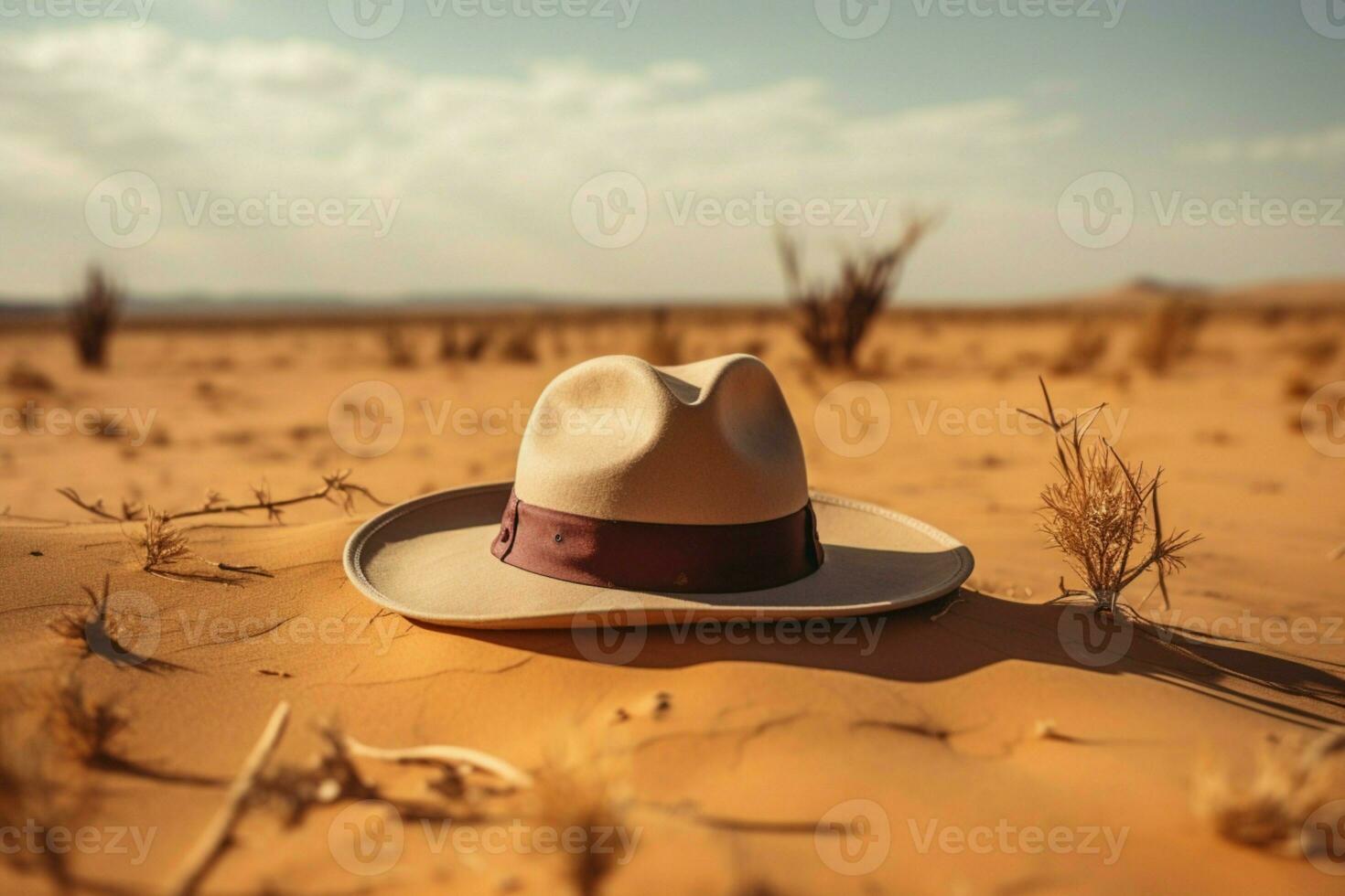 ai generado elegante sombrero descansa en contra el fondo de arenoso Desierto alrededores foto