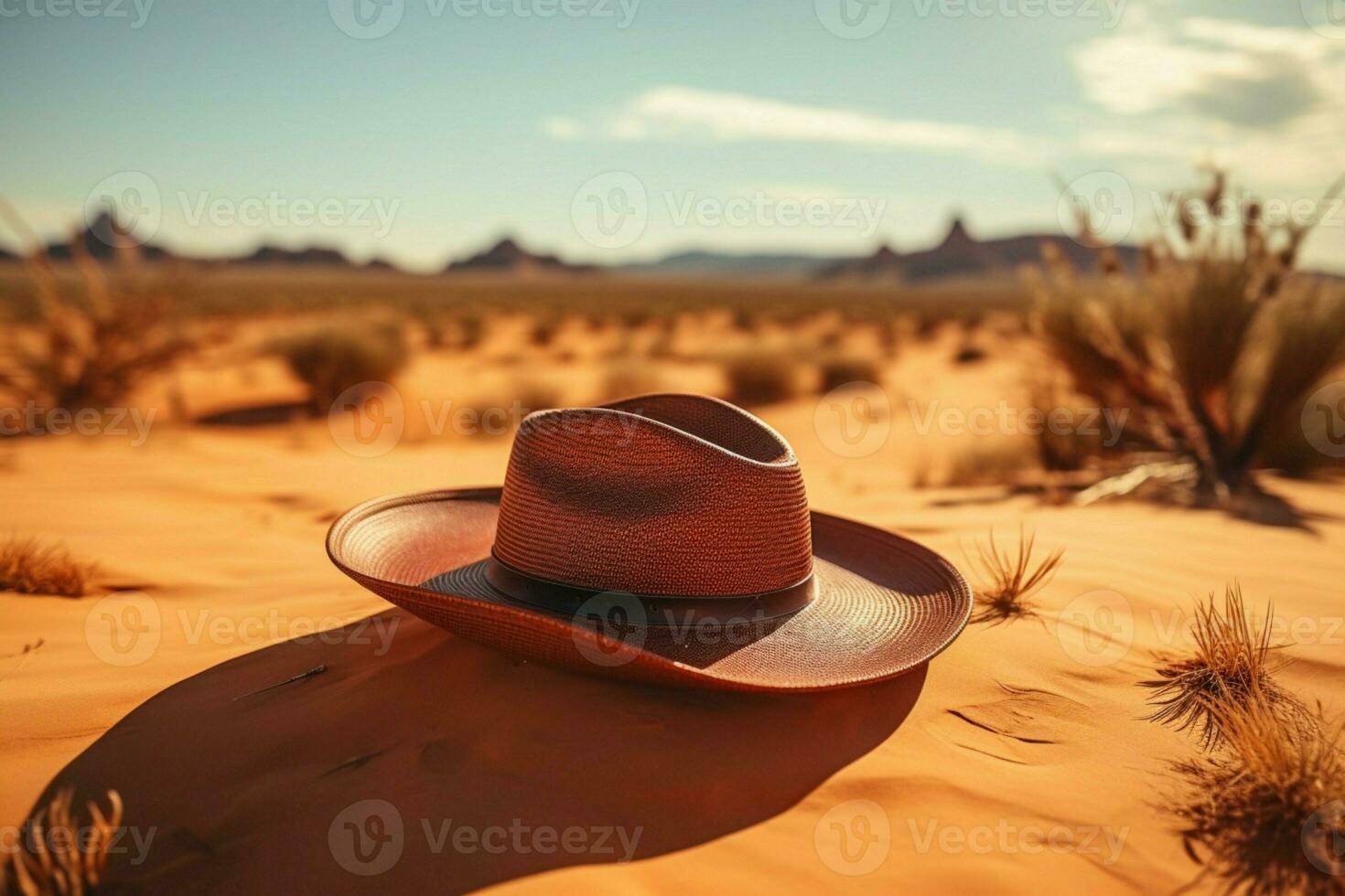 ai generado elegante sombrero descansa en contra el fondo de arenoso Desierto alrededores foto