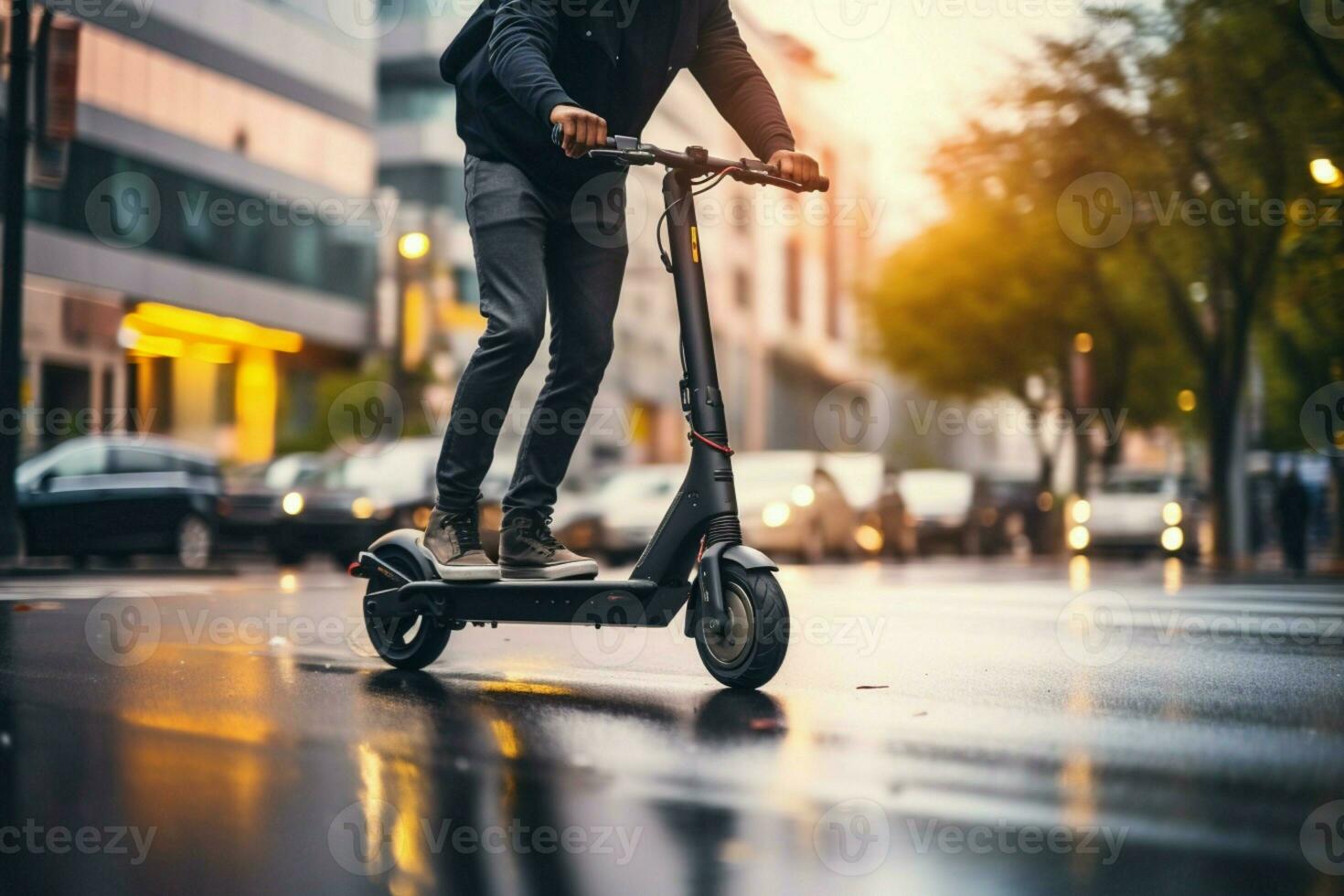 ai generado ciudad calle aventuras persona cremalleras en eléctrico scooter, moderno desplazamientos foto