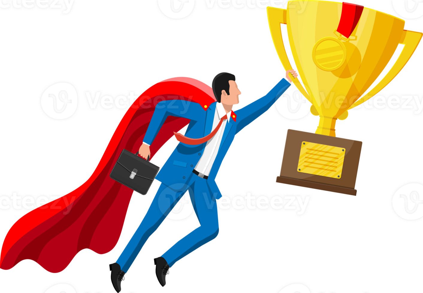 Super businessman in cloak with golden trophy. png