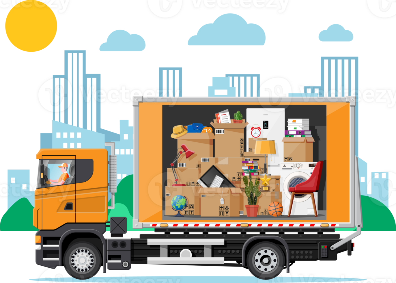 Delivery truck full of home stuff inside. png