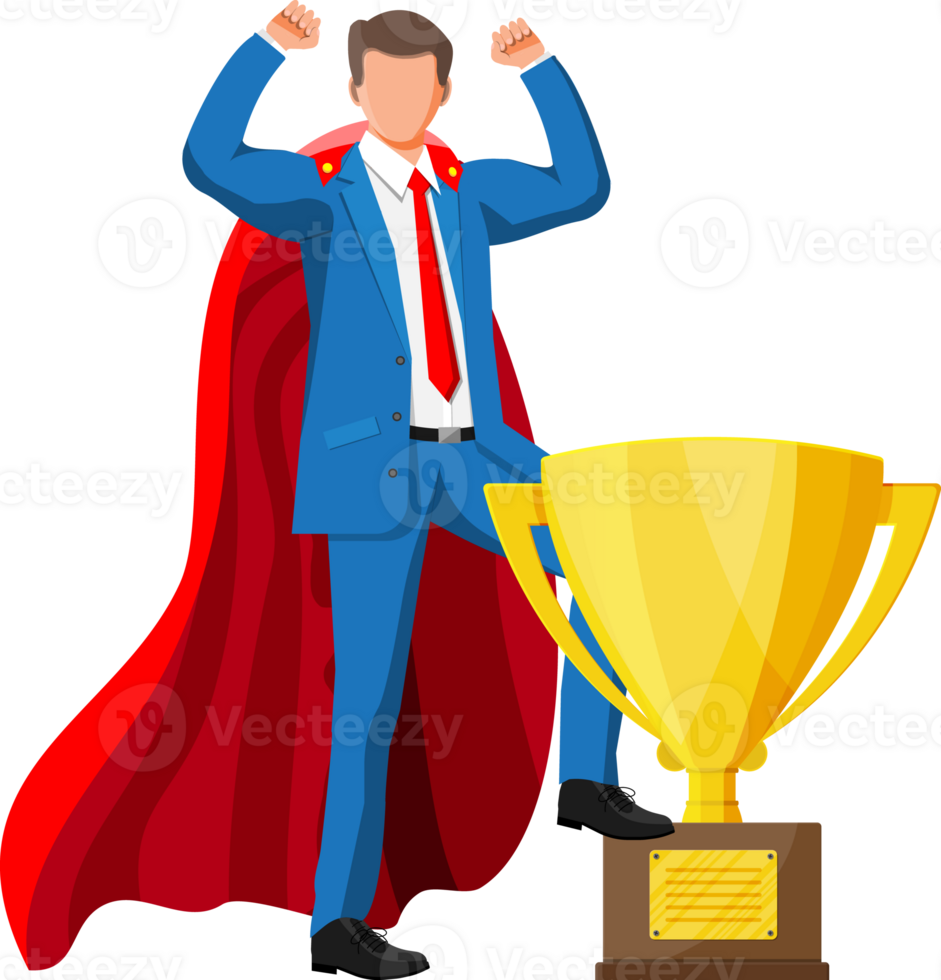 Super businessman in cloak goes to golden trophy. png