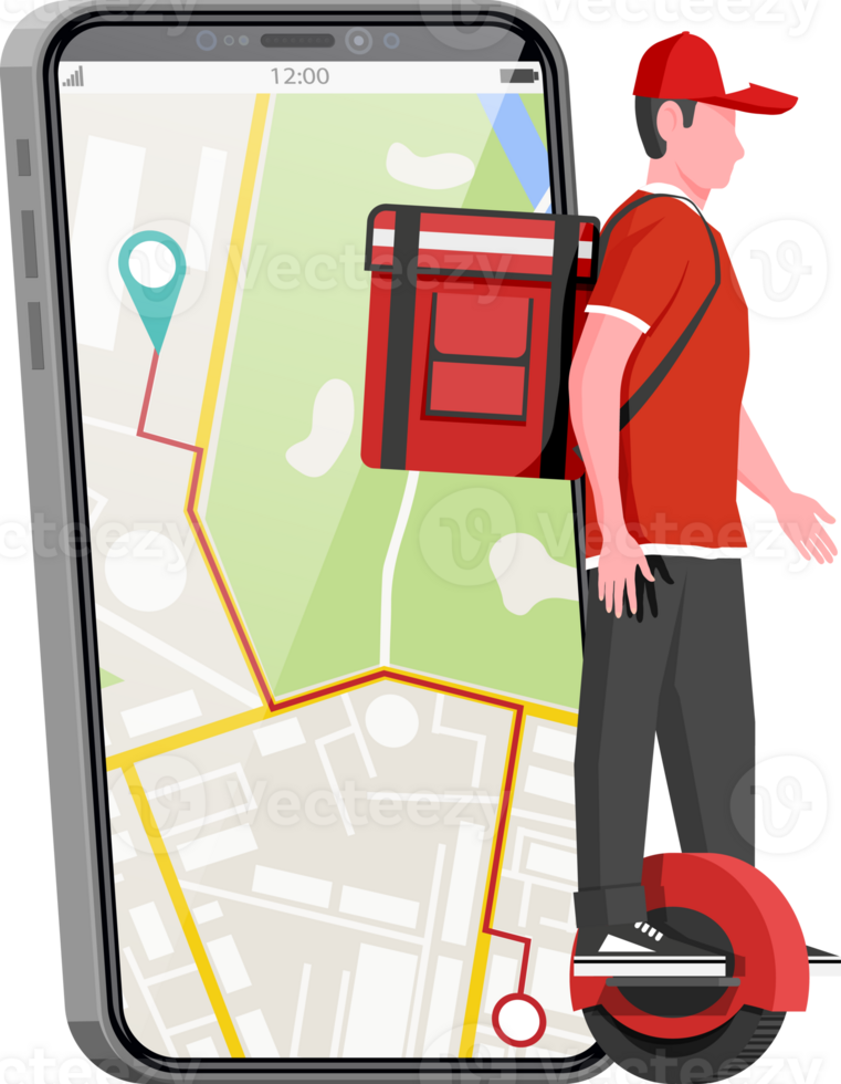 Smartphone with app and man riding monowheel png