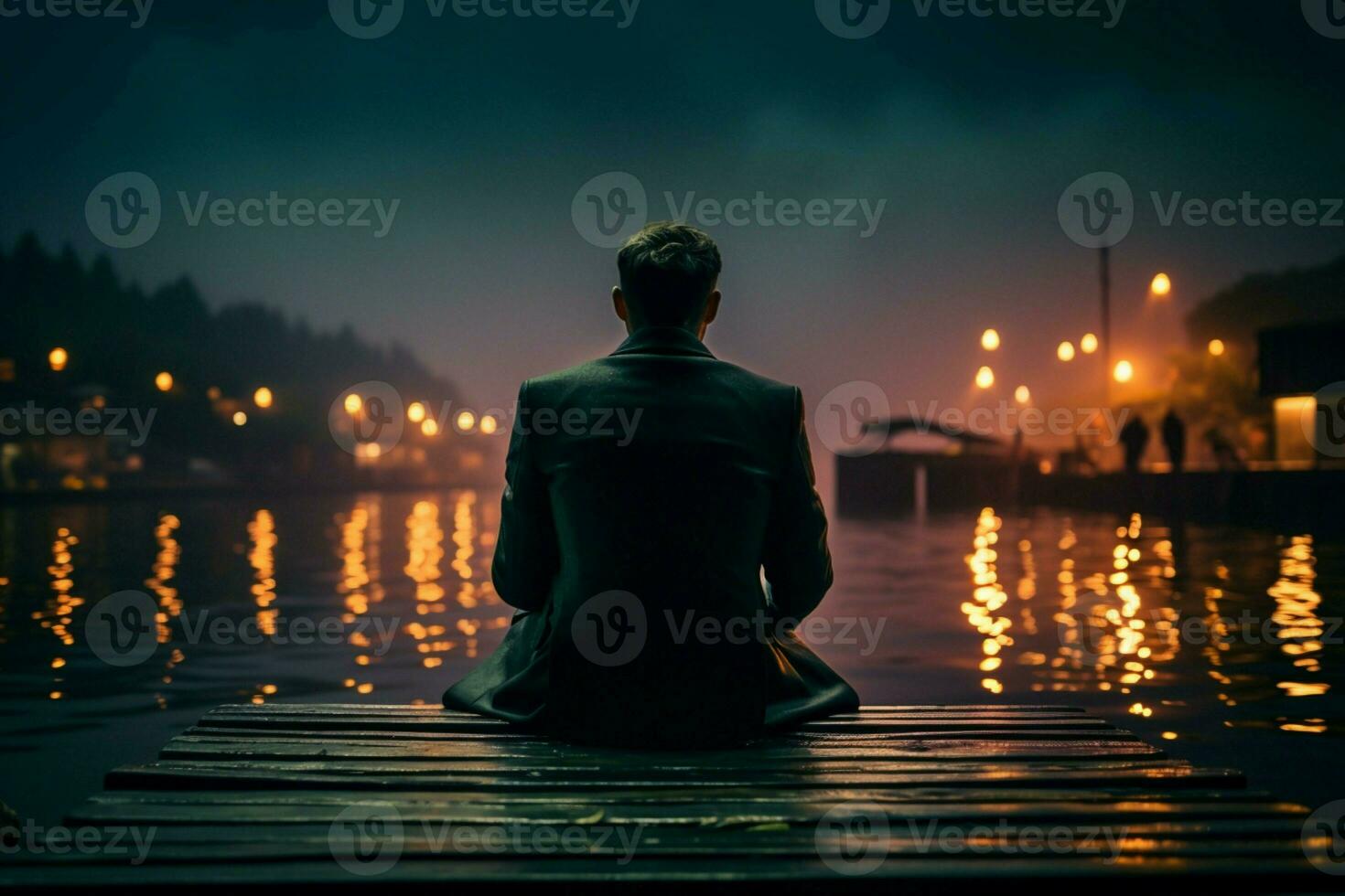 AI generated Nighttime reflection suited man sits on dock edge, contemplative solitude photo