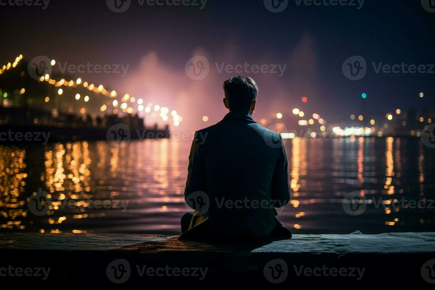 AI generated Reflective night suited man sits at dock edge in contemplation photo