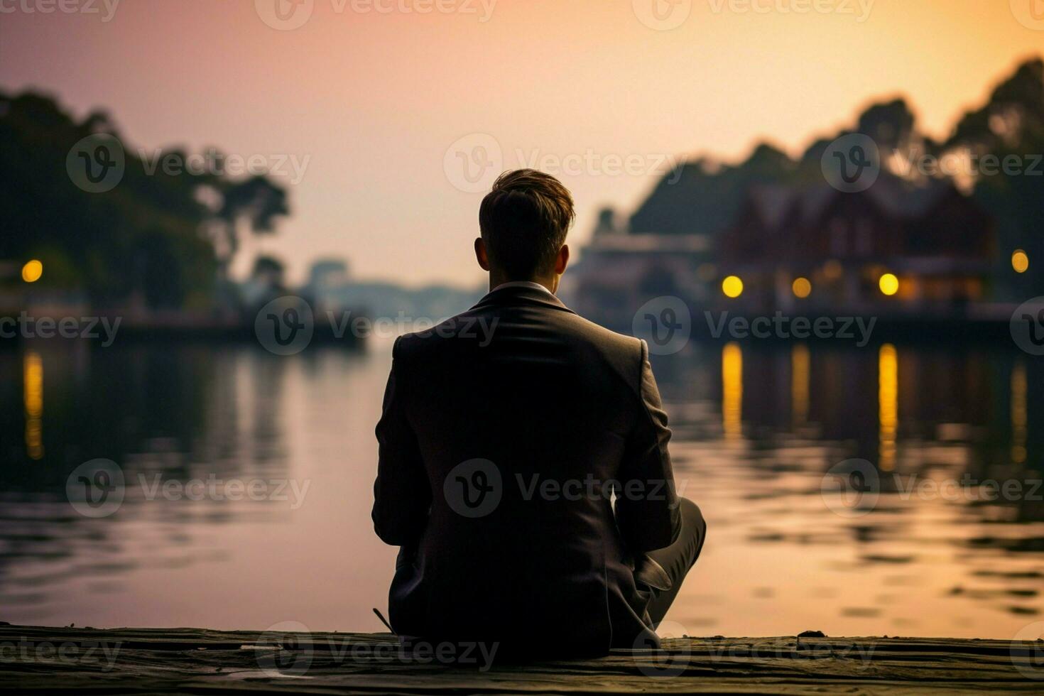 AI generated Dockside reflection man in suit contemplates by the waters edge photo