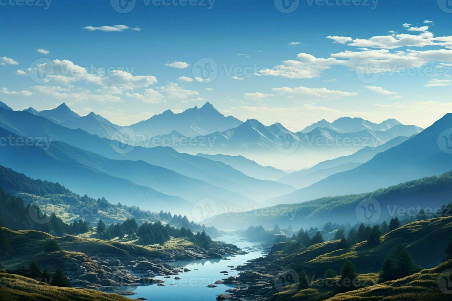 AI generated Serenade of mountains a tranquil morning against a clear sky photo