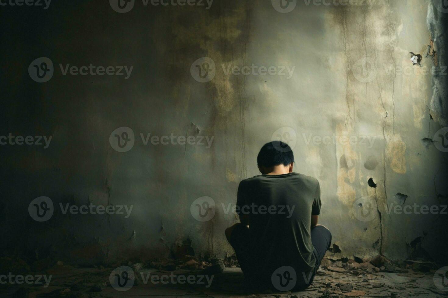 AI generated Desperate solitude Man seated by the wall, grappling with lifes struggles photo