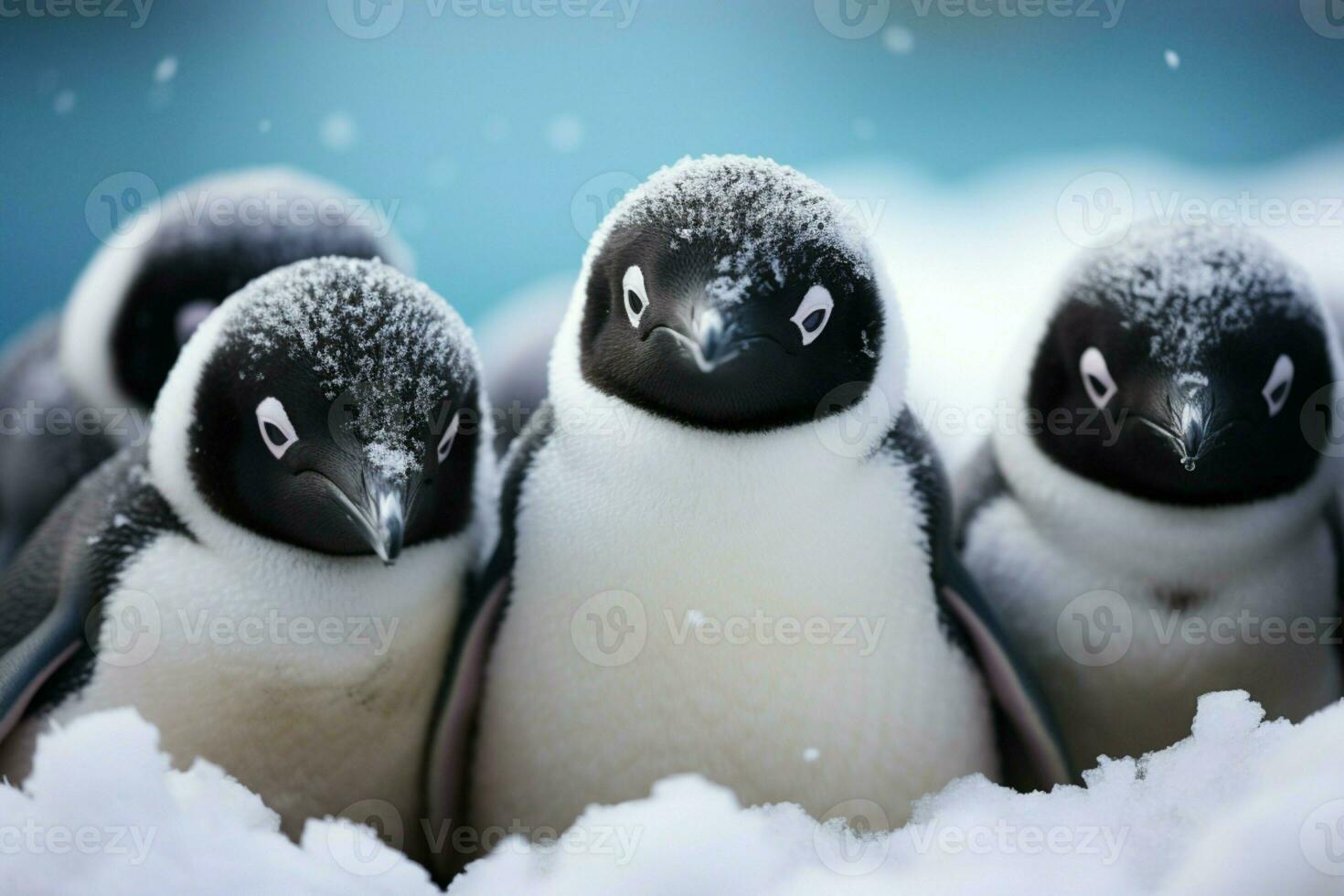 AI generated Snowy unity penguins display black and white beauty, huddling for warmth photo