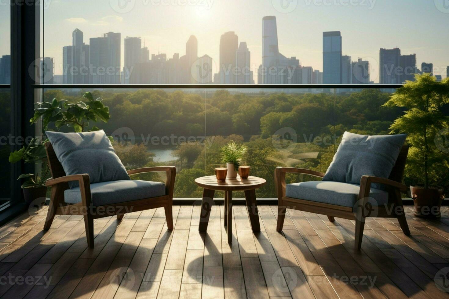 AI generated City view seating balcony chairs offer a serene urban panorama photo