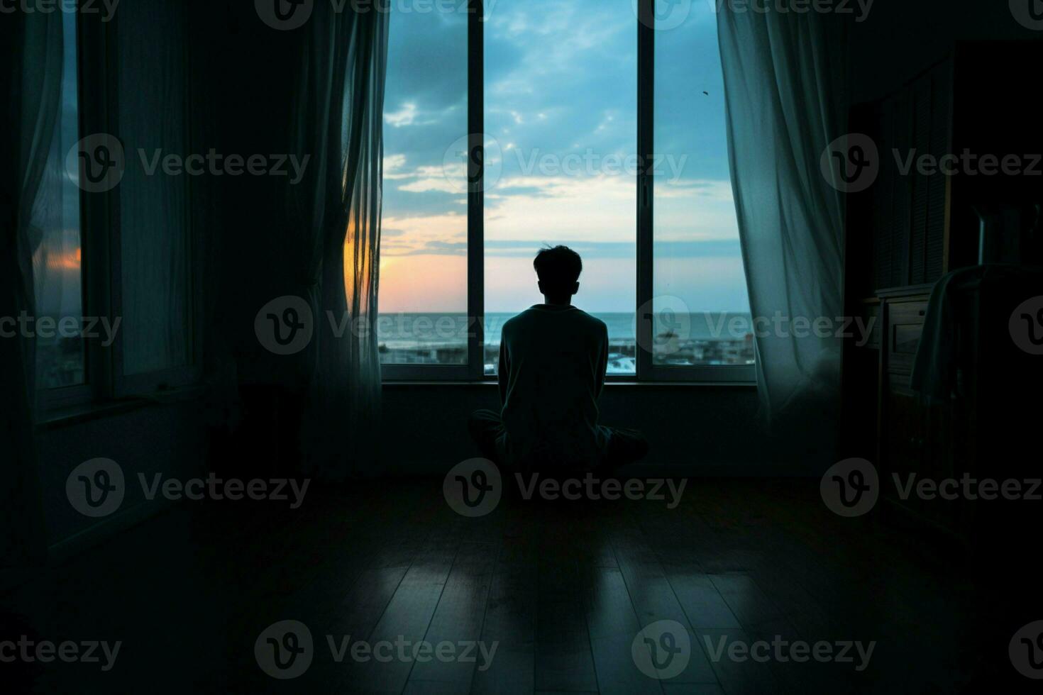 AI generated Bedroom solitude a lone man silhouette contemplates closed window curtains photo