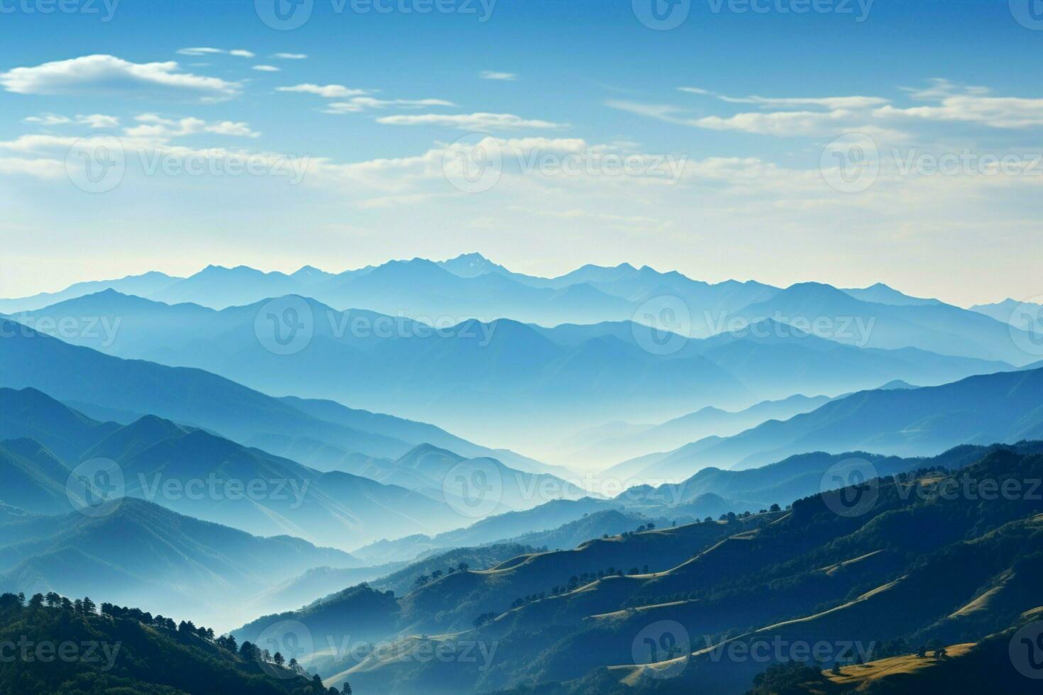AI generated Clear blue sky frames a serene morning view of mountains photo