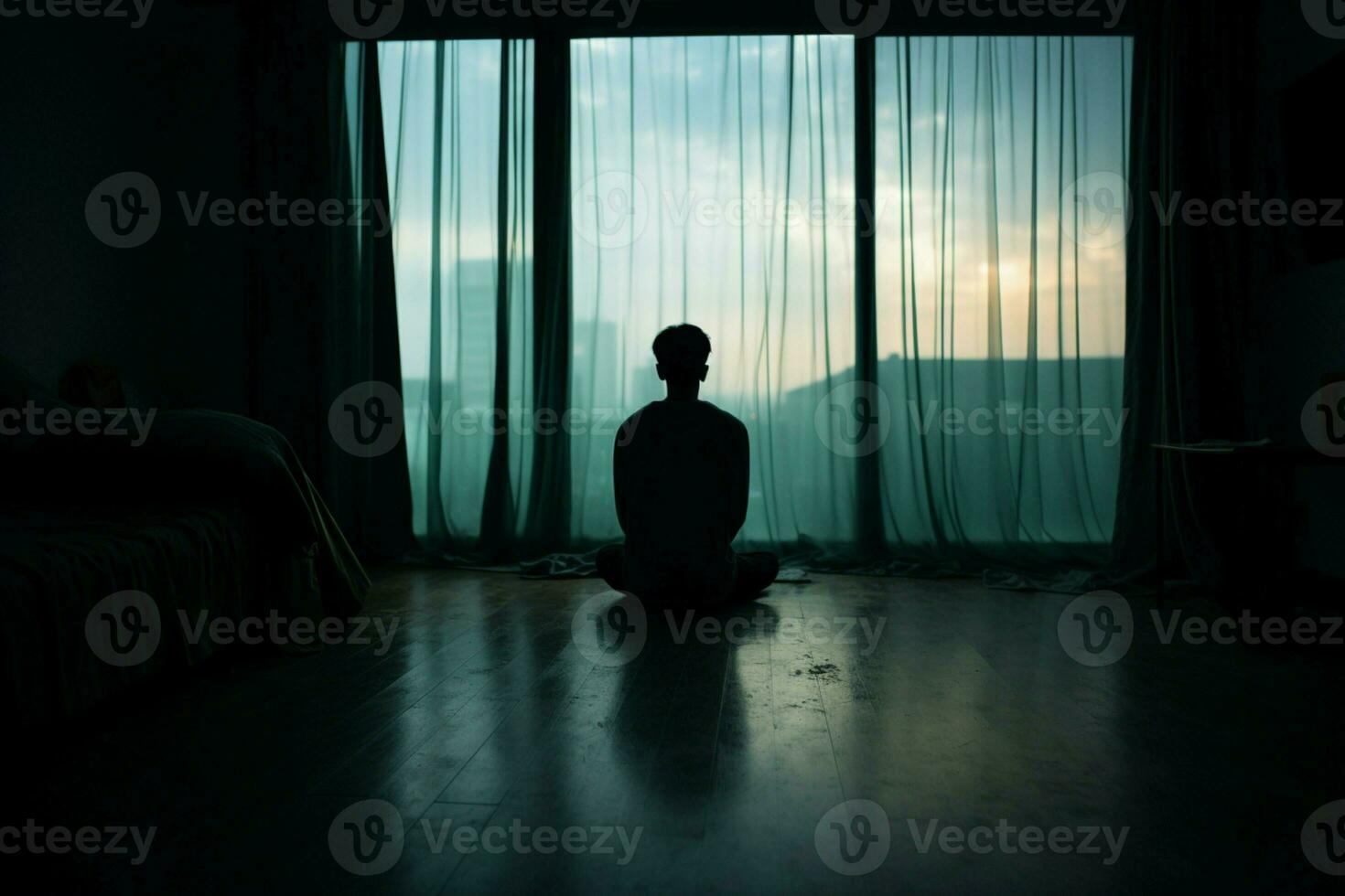 AI generated Bedroom solitude a lone man silhouette contemplates closed window curtains photo